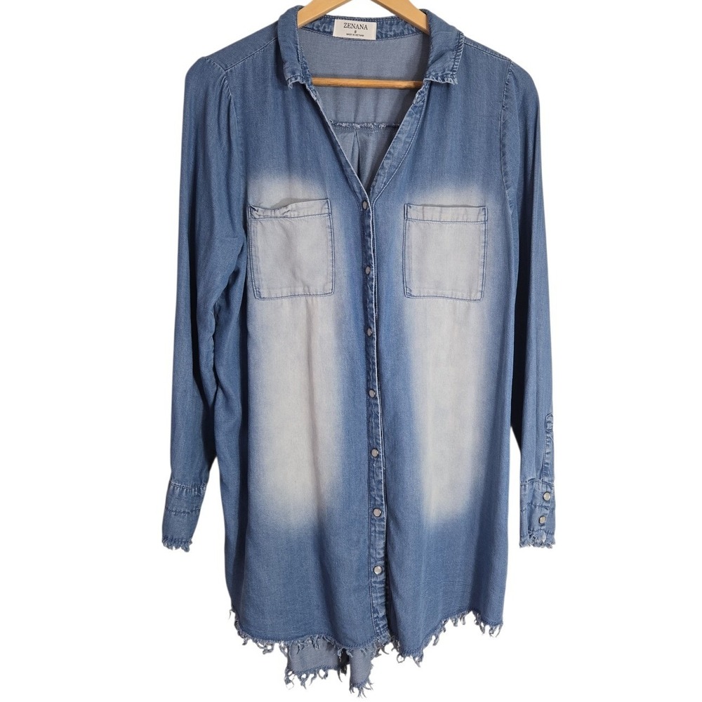 Zenana Womens Light Wash Lyocell Denim Tunic Shacket Frayed Hem S Cottage